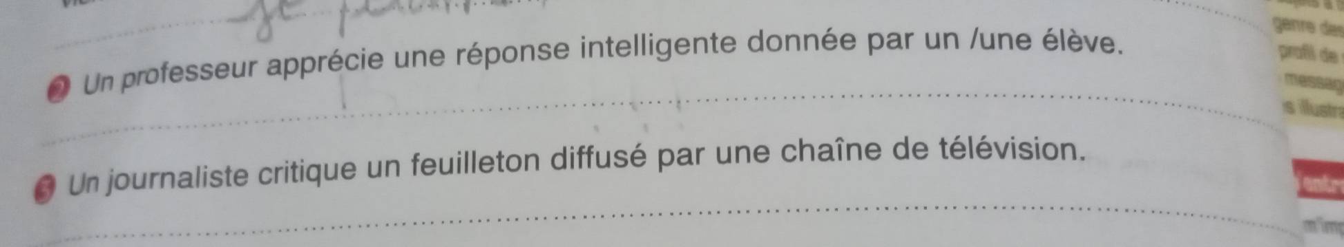 Un professeur apprécie une réponse intelligente donnée par un /une élève. 
prafí de 
_ 
_ 
_ 
_ 
0 Un journaliste critique un feuilleton diffusé par une chaîne de télévision. 
im