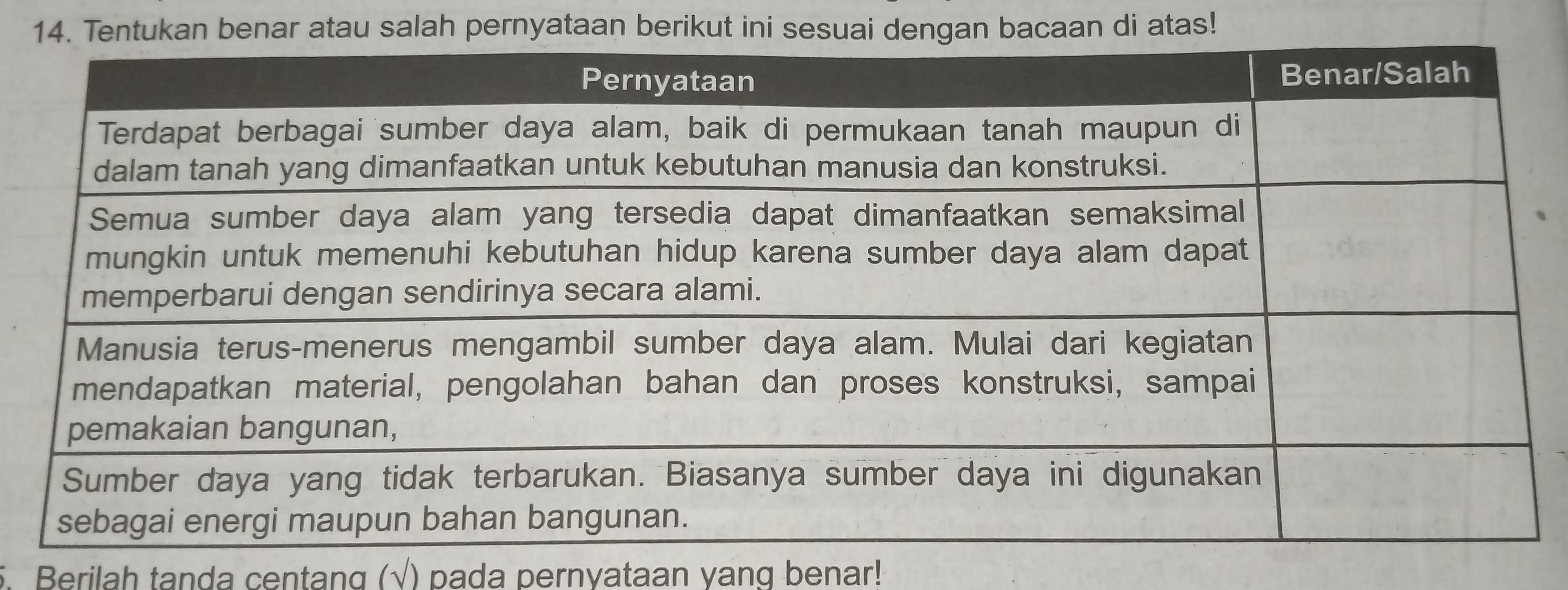 Tentukan benar atau salah pernyataan berikut ini sesuai dengan bacaan di atas! 
5. Berilah tanda centang (√) pada pernvataan vang benar!