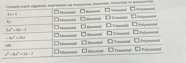 ial, binomial, trinomial or polynomial.