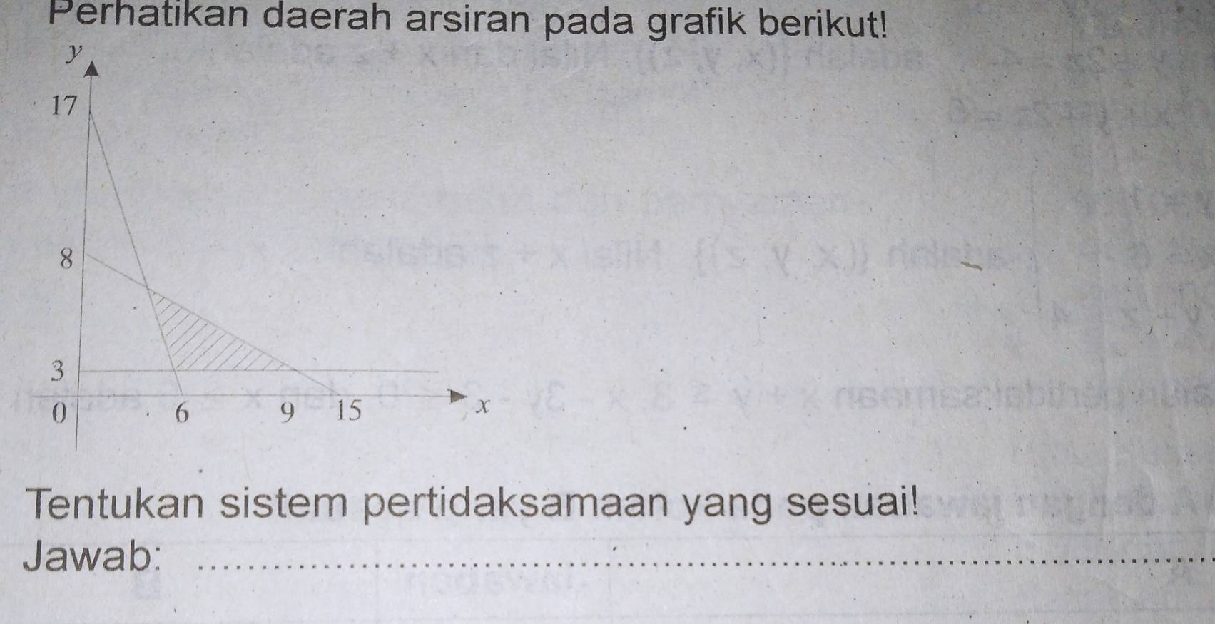 Perhatikan daerah arsiran pada grafik berikut! 
Tentukan sistem pertidaksamaan yang sesuai! 
Jawab:_