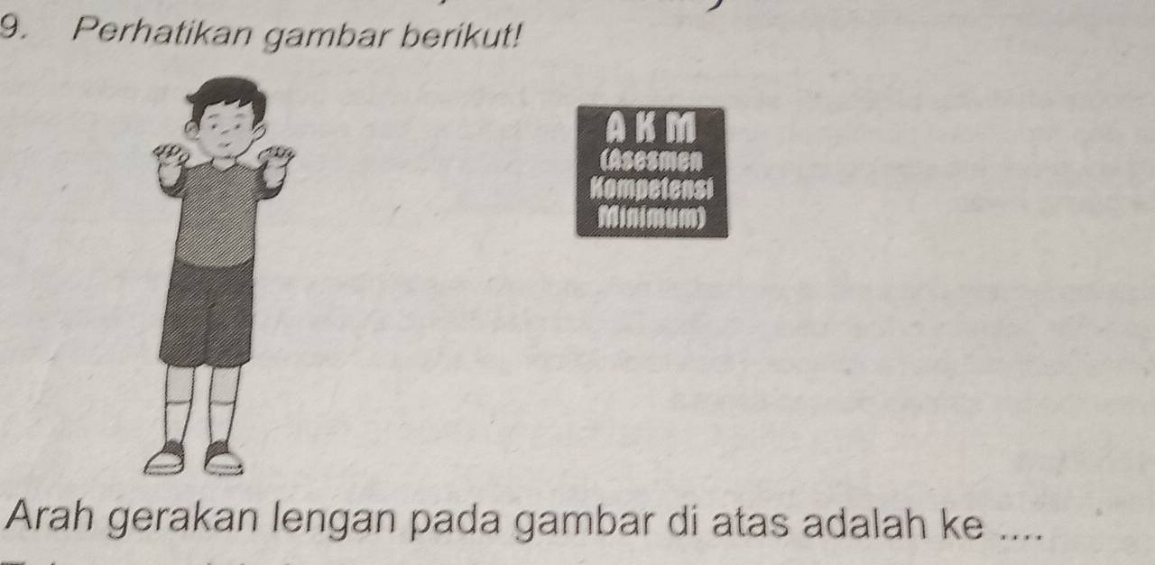 Perhatikan gambar berikut! 
AKM 
(Asesmen 
Kompetensi 
Minimum) 
Arah gerakan lengan pada gambar di atas adalah ke ....