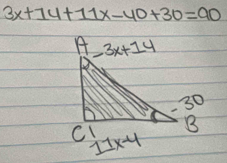 3x+14+11x-40+30=90