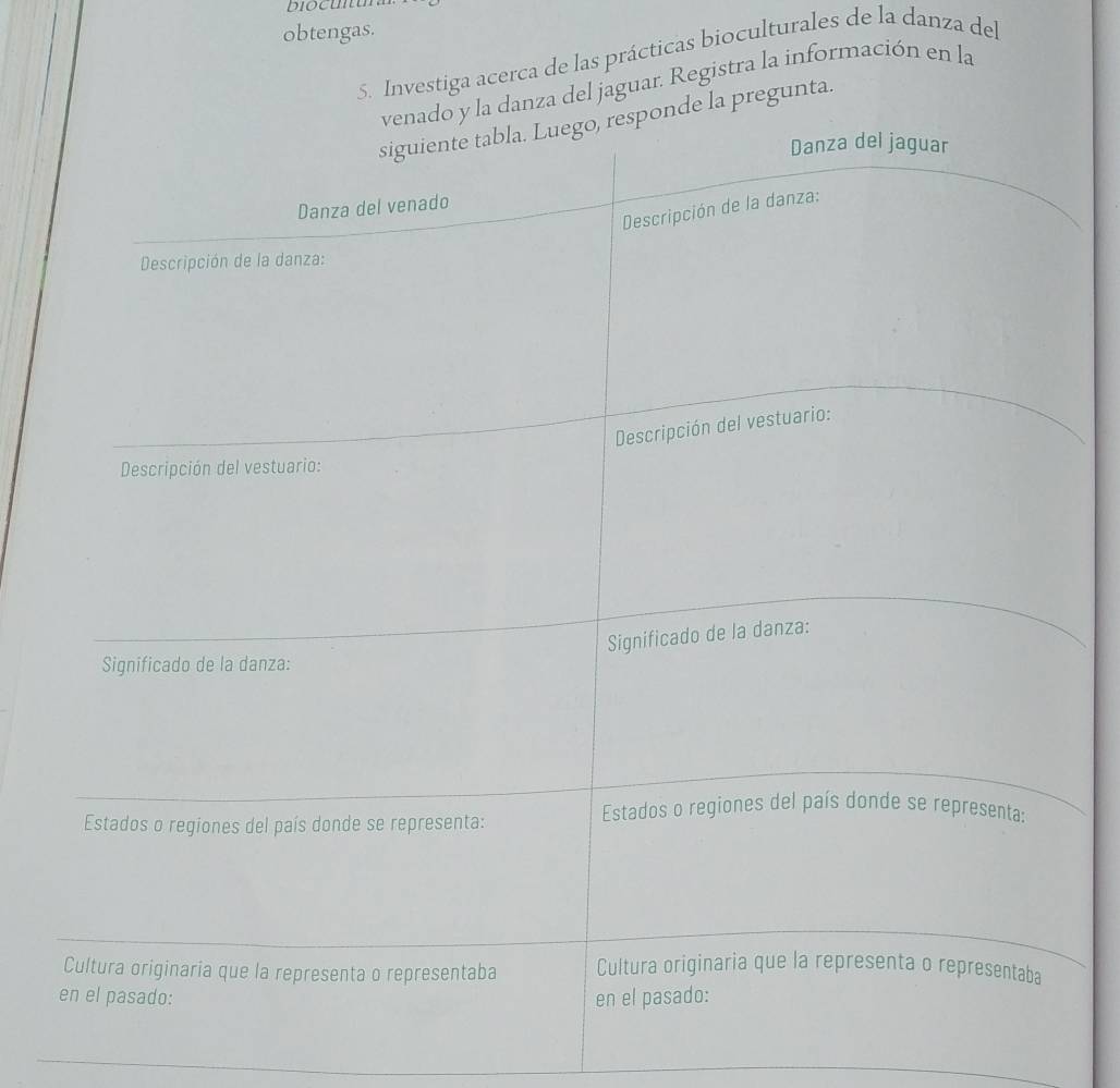 biocuu 
obtengas. 
5. Investiga acerca de las prácticas bioculturales de la danza del 
anza del jaguar. Registra la información en la 
la pregunta.