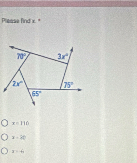 Please find x."
70° 3x°
2x°
75°
65°
x=110
x=30
x=-6