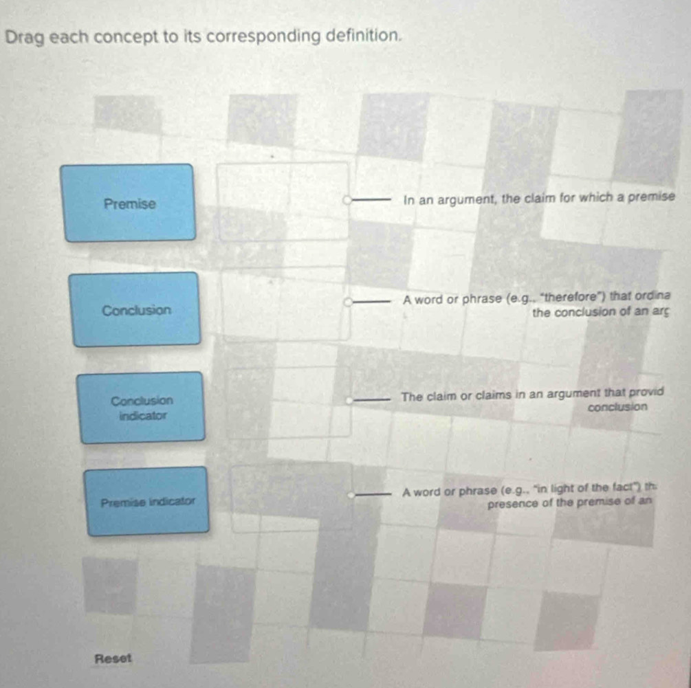 Solved: Drag each concept to its corresponding definition. Premise _In an  argument, the claim for [Math]