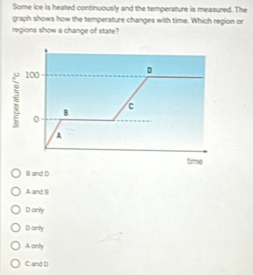 Some ice is heated continuously and the temperature is measured. The
graph shows how the temperature changes with time. Which region or
regions show a change of state?
100
D
C
B
0
A
time
B and D
A and B
Donly
D only
A crly
C and D