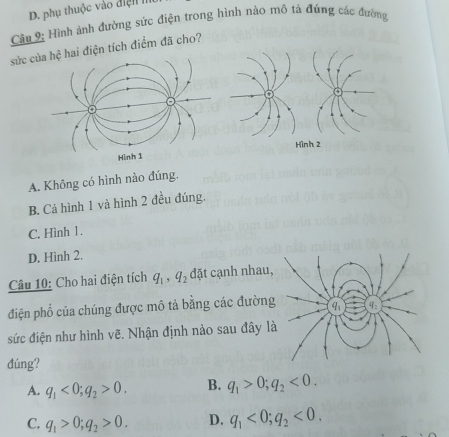 D. phụ thuộc vào điện h
Cầu 9; Hình ảnh đường sức điện trong hình nào mô tá đúng các đường
sức c điện tích điểm đã cho?
A. Không có hình nào đúng.
B. Cả hình 1 và hình 2 đều đúng.
C. Hình 1 .
D. Hình 2.
Câu 10: Cho hai điện tích q_1, q_2 đặt cạnh nhau
điện phổ của chúng được mô tả bằng các đườn
sức điện như hình vẽ. Nhận định nào sau đây l
đúng?
A. q_1<0</tex>; q_2>0. B. q_1>0; q_2<0</tex>.
C. q_1>0; q_2>0. D. q_1<0</tex>; q_2<0</tex>.