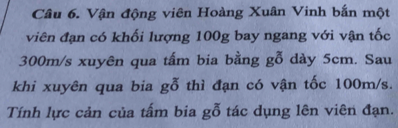 Vận động viên Hoàng Xuân Vinh bắn một 
viên đạn có khối lượng 100g bay ngang với vận tốc
300m/s xuyên qua tấm bia bằng gỗ dày 5cm. Sau 
khi xuyên qua bia gỗ thì đạn có vận tốc 100m/s. 
Tính lực cản của tấm bia gỗ tác dụng lên viên đạn.