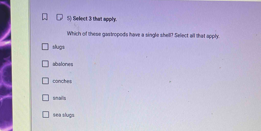 Select 3 that apply.
Which of these gastropods have a single shell? Select all that apply.
slugs
abalones
conches
snails
sea slugs