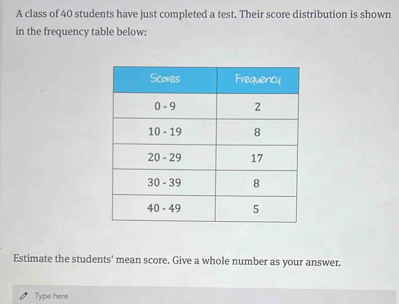 A class of 40 students have just completed a test. Their score distribution is shown 
in the frequency table below: 
Estimate the students' mean score. Give a whole number as your answer. 
Type here