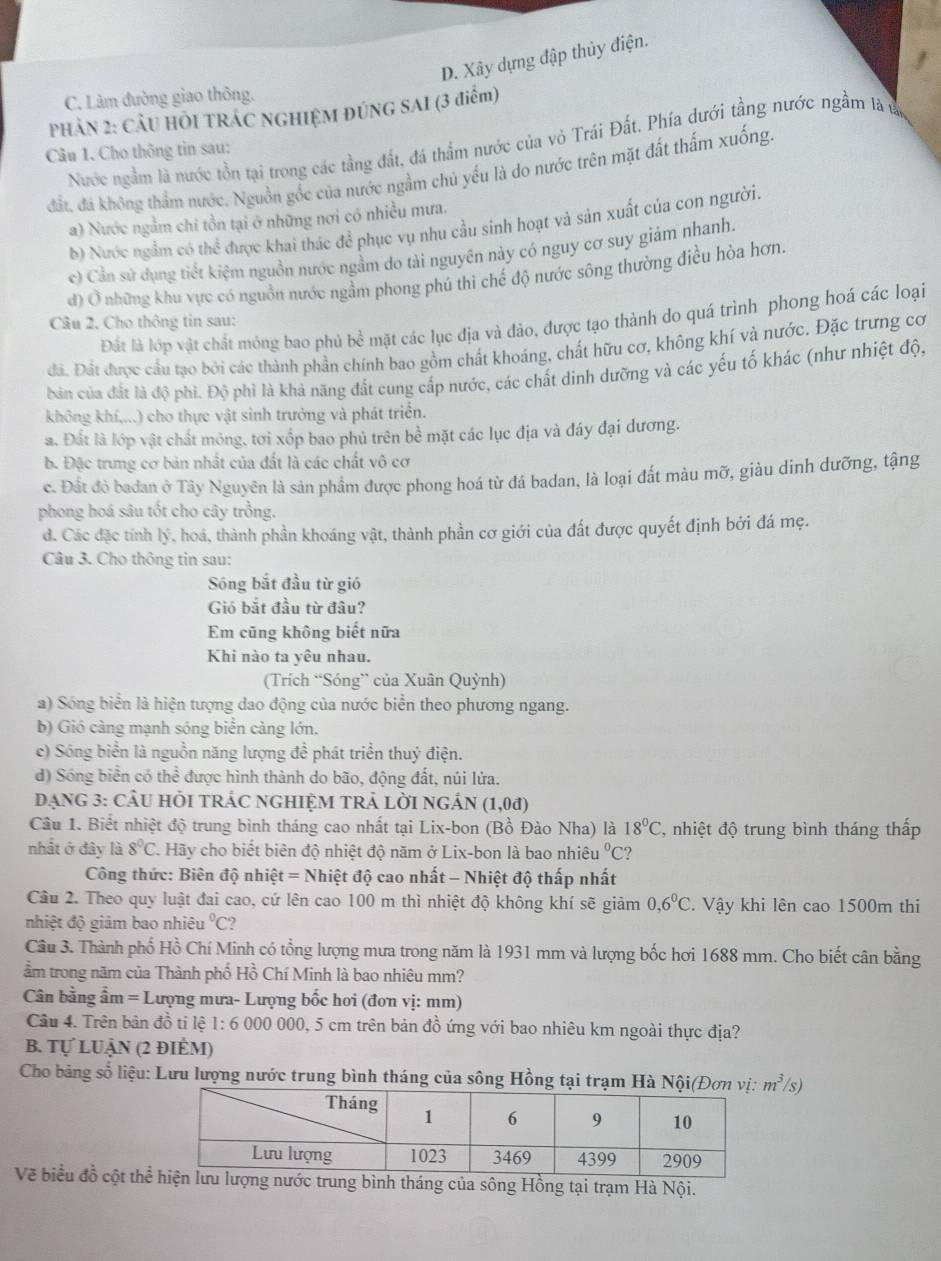 D. Xây dựng đập thủy điện.
C. Làm đường giao thông.
PHÀN 2: CÂU HÔI TRÁC NGHIỆM ĐÚNG SAI (3 điểm)
Nước ngầm là nước tồn tại trong các tầng đất, đá thầm nước của vỏ Trái Đất. Phía dưới tầng nước ngầm là ở
Câu 1. Cho thông tin sau:
đất, đá không thẩm nước, Nguồn gốc của nước ngầm chủ yểu là do nước trên mặt đất thấm xuống
a) Nước ngầm chi tồn tại ở những nơi có nhiều mưa.
b) Nước ngầm có thể được khai thác để phục vụ nhu cầu sinh hoạt và sản xuất của con người.
e) Cần sử dụng tiết kiệm nguồn nước ngầm do tài nguyên này có nguy cơ suy giảm nhanh.
đ) Ở những khu vực có nguồn nước ngầm phong phú thì chế độ nước sông thường điều hòa hơn
Đất là lớp vật chất mông bao phủ bề mặt các lục địa và đảo, được tạo thành do quá trình phong hoá các loại
Câu 2. Cho thông tin sau:
đá. Đất được cầu tạo bởi các thành phần chính bao gồm chất khoáng, chất hữu cơ, không khí và nước. Đặc trưng cơ
bản của đất là độ phi. Độ phi là khả năng đất cung cấp nước, các chất dinh dưỡng và các yếu tố khác (như nhiệt độ,
không khí,...) cho thực vật sinh trưởng và phát triển.
a. Đất là lớp vật chất mỏng, tơi xốp bao phủ trên bề mặt các lục địa và đáy đại dương.
b. Đặc trung cơ bản nhất của đất là các chất vô cơ
c. Đất đỏ badan ở Tây Nguyên là sản phẩm được phong hoá từ đá badan, là loại đất màu mỡ, giàu dinh dưỡng, tậng
phong hoá sâu tốt cho cây trồng.
d. Các đặc tính lý, hoá, thành phần khoáng vật, thành phần cơ giới của đất được quyết định bởi đá mẹ.
Câu 3. Cho thông tin sau:
Sóng bắt đầu từ gió
Gió bắt đầu từ đâu?
Em cũng không biết nữa
Khi nào ta yêu nhau.
(Trích “Sóng” của Xuân Quỳnh)
a) Sóng biển là hiện tượng dao động của nước biển theo phương ngang.
b) Gió càng mạnh sóng biển cảng lớn.
c) Sóng biển là nguồn năng lượng đề phát triển thuý điện.
d) Sóng biển có thể được hình thành do bão, động đất, núi lửa.
DạNG 3: CÂU HÕI TRÁC NGHIỆM TRẢ LờI ngÁN (1,0d)
Câu 1. Biết nhiệt độ trung bình tháng cao nhất tại Lix-bon (Bồ Đào Nha) là 18°C *, nhiệt độ trung bình tháng thấp
nhất ở đây là 8°C Hãy cho biết biên độ nhiệt độ năm ở Lix-bon là bao nhiêu°C ?
Công thức: Biên độ nhiệt = Nhiệt độ cao nhất - Nhiệt độ thấp nhất
Câu 2. Theo quy luật đai cao, cứ lên cao 100 m thì nhiệt độ không khí sẽ giảm 0,6^0C. Vậy khi lên cao 1500m thi
nhiệt độ giảm bao nhiệt 1°C 2
Câu 3. Thành phố Hồ Chí Minh có tổng lượng mưa trong năm là 1931 mm và lượng bốc hơi 1688 mm. Cho biết cân bằng
ầm trong năm của Thành phố Hồ Chí Minh là bao nhiêu mm?
Cân bằng ầm =I Lượng mưa- Lượng bốc hơi (đơn vị: mm)
Câu 4. Trên bản đồ ti lệ 1: 6 000 000, 5 cm trên bản đồ ứng với bao nhiêu km ngoài thực địa?
B. Tự LUẬN (2 ĐIÈM)
Cho bảng số liệu: Lưu lượng nước trung bình tháng của sông Hồng tại trạm Hà m^3/s)
Về biểu đồ cột thểrung bình tháng của sông Hồng tại trạm Hà Nội.