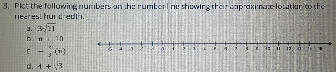 Plot the following numbers on the number line showing their approximate location to the 
nearest hundredth. 
a. 3sqrt(11)
b. π +10
C. - 2/3 (π )
d. 4+sqrt(3)