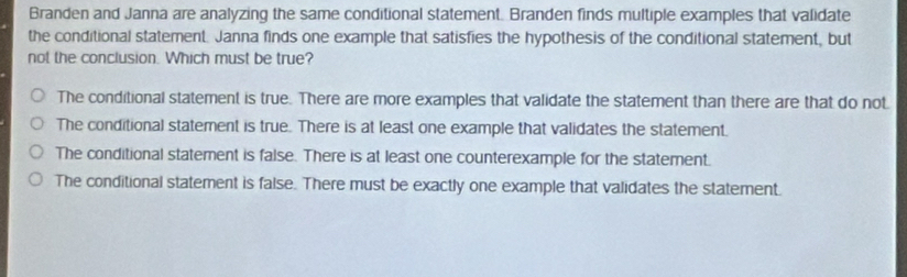 Branden and Janna are analyzing the same conditional statement. Branden finds multiple examples that validate
the conditional statement. Janna finds one example that satisfies the hypothesis of the conditional statement, but
not the conclusion. Which must be true?
The conditional statement is true. There are more examples that validate the statement than there are that do not.
The conditional statement is true. There is at least one example that validates the statement.
The conditional statement is false. There is at least one counterexample for the statement.
The conditional statement is false. There must be exactly one example that validates the statement.