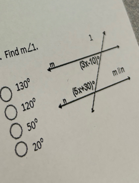 Find m∠ 1.
130°
120°
50°
20°