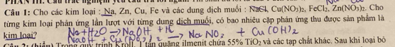 Cho các kim loại : Na, Zn, Cu, Fe và các dung dịch muối : NaCl Cu(NO_3)_2, FeCl_2, Zn(NO_3)_2. Cho 
từng kim loại phản ứng lần lượt với từng dung dịch muối, có bao nhiêu cặp phản ứng thu được sản phẩm là 
kim loại? 
r n g q uy trình Krolf. 1 tần quảng ilmenit chứa 55% TiO_2 và các tạp chất khác. Sau khi loại bỏ