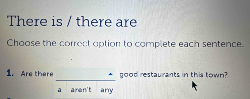 There is / there are
Choose the correct option to complete each sentence.
1. Are there good restaurants in this town?
a aren't any