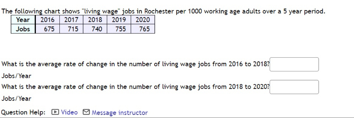 er 1000 working age adults over a 5 year period. 
What is the average rate of change in the number of living wage jobs from 2016 to 2018? □ 
Jobs/ Year
What is the average rate of change in the number of living wage jobs from 2018 to 2020? □ 
Jobs / Year 
Question Help: Video Message instructor