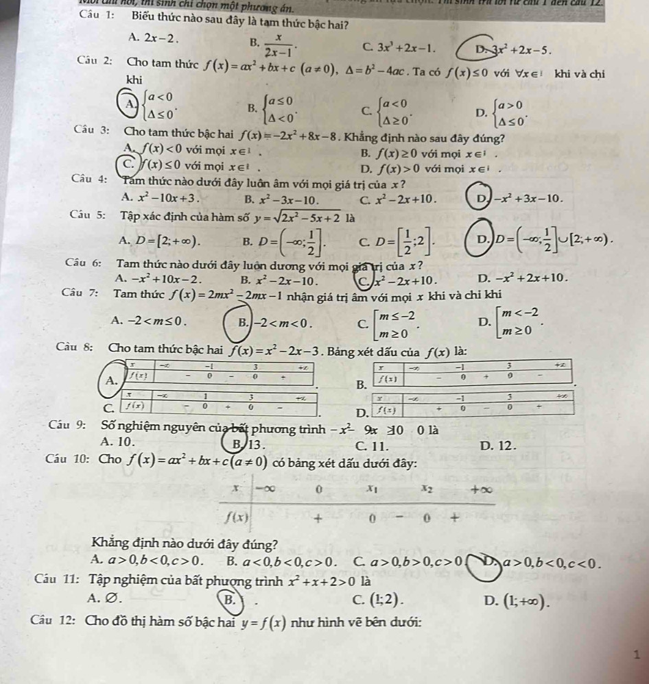 Gới Chí hội, thí sinh chỉ chọn một phương án. h si th tot r cad I den cầd 12 .
Cầu 1: Biểu thức nào sau đây là tam thức bậc hai?
A. 2x-2. B.  x/2x-1 . C. 3x^3+2x-1. D. 3x^2+2x-5.
Câu 2: Cho tam thức f(x)=ax^2+bx+c(a!= 0),△ =b^2-4ac. Ta có f(x)≤ 0 với forall x∈ I khi và chi
khi
A beginarrayl a<0 △ ≤ 0endarray. . B. beginarrayl a≤ 0 △ <0endarray. . C. beginarrayl a<0 △ ≥ 0endarray. . D. beginarrayl a>0 △ ≤ 0endarray. .
Câu 3: Cho tam thức bậc hai f(x)=-2x^2+8x-8. Khẳng định nào sau đây đúng?
A. f(x)<0</tex> với mọi x∈^1. với mọi x∈^1.
B. f(x)≥ 0
c) f(x)≤ 0 với mọi x∈^1. với mọi x∈ i .
D. f(x)>0
Câu 4:  Tam thức nào dưới đây luôn âm với mọi giá trị của x ?
A. x^2-10x+3. B. x^2-3x-10. C. x^2-2x+10. D, -x^2+3x-10.
Cầu 5: Tập xác định của hàm số y=sqrt(2x^2-5x+2) là
A. D=[2;+∈fty ). B. D=(-∈fty ; 1/2 ]. C. D=[ 1/2 ;2]. D. D=(-∈fty , 1/2 ]∪ [2;+∈fty ).
Câu 6: Tam thức nào dưới đây luôn dương với mọi giá trị của x ?
A. -x^2+10x-2. B. x^2-2x-10. C x^2-2x+10. D. -x^2+2x+10.
Câu 7: Tam thức f(x)=2mx^2-2mx-1 nhận giá trị âm với mọi x khi và chi khi
A. -2 B. -2 C. beginbmatrix m≤ -2 m≥ 0endarray. . D. beginarrayl m
Cầu 8: Cho tam thức bậc hai f(x)=x^2-2x-3. Bảng xét dấu của f(x) là:
 
 
 
Cầu 9:  Số nghiệm nguyên của bất phương trình -x^2- 9x ≥0 0 là
A. 10. B. 13 . C. 11. D. 12.
Cáu 10: Cho f(x)=ax^2+bx+c(a!= 0) có bảng xét dấu dưới đây:
Khẳng định nào dưới đây đúng?
A. a>0,b<0,c>0. B. a<0,b<0,c>0 C. a>0,b>0,c>0 D. a>0,b<0,c<0.
Cu 11: Tập nghiệm của bất phượng trình x^2+x+2>0 là
A. Ø. B. C. (1;2). D. (1;+∈fty ).
Câu 12: Cho đồ thị hàm số bậc hai y=f(x) như hình vẽ bên dưới:
1