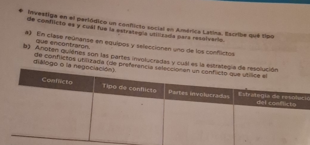 Investiga en el periódico un conflicto social en América Latína. Escribe qué tipo 
de conflicto es y cuál fue la estrategía utilizada para resolverio. 
a) En clase reúnanse en equipos y seleccionen uno de los conflictos que encontraron. 
b) Anoten quiénes son las partes involucradas y cuál es la e 
diálogo o la 
de conflictos utilizada (de prefe 
ió