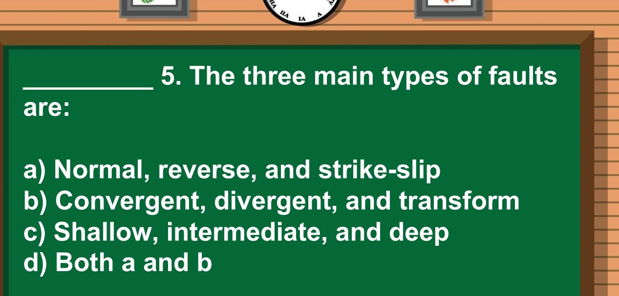 The three main types of faults
are:
a) Normal, reverse, and strike-slip
b) Convergent, divergent, and transform
c) Shallow, intermediate, and deep
d) Both a and b