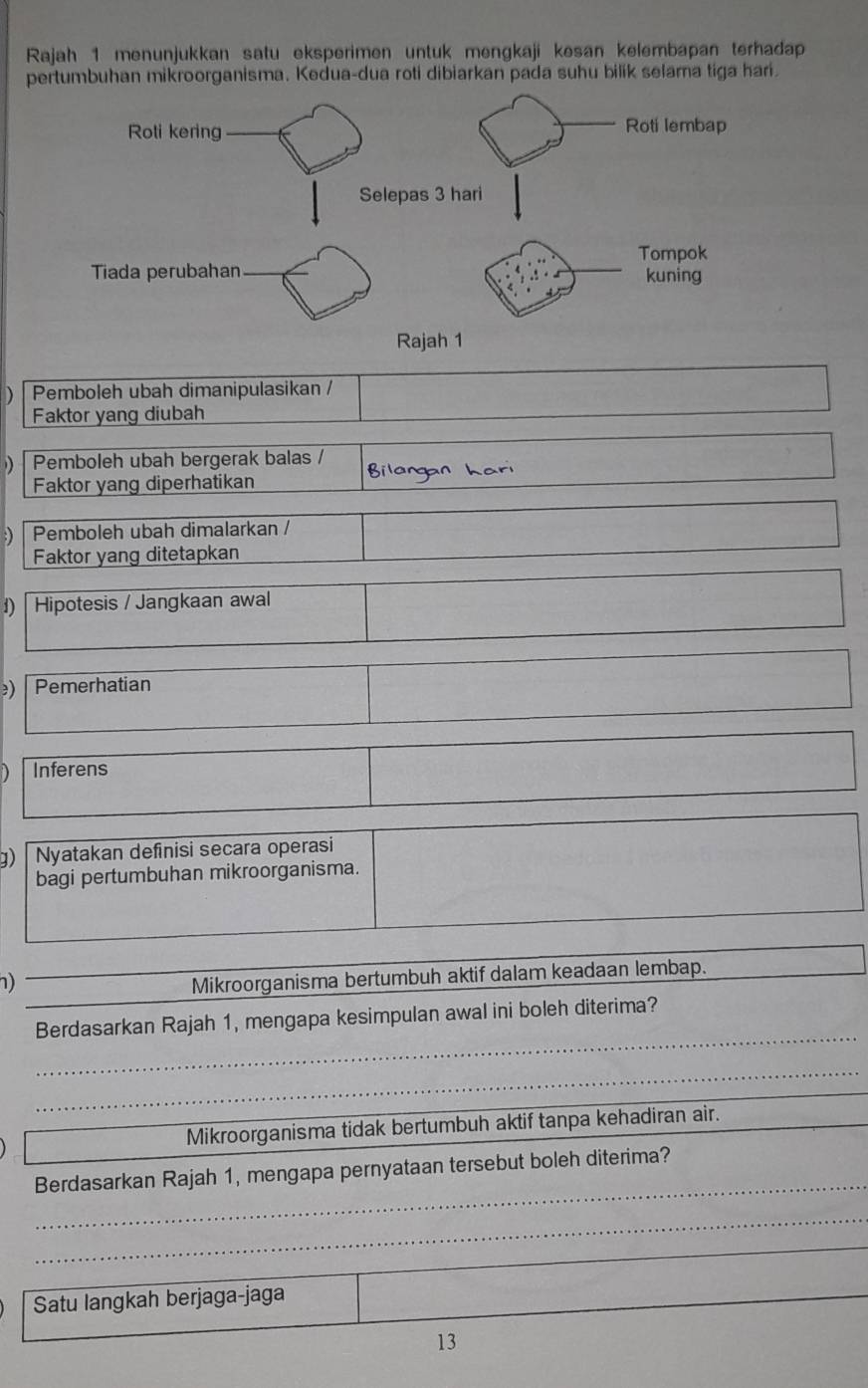 Rajah 1 menunjukkan satu eksperimen untuk mengkaji kesan kelembapan terhadap 
pertumbuhan mikroorganisma. Kedua-dua roti dibiarkan pada suhu bilik selama tiga hari 
Pemboleh ubah dimanipulasikan / 
Faktor yang diubah 
Pemboleh ubah bergerak balas / Bilangan hari 
Faktor yang diperhatikan 
Pemboleh ubah dimalarkan / 
Faktor yang ditetapkan 
1) Hipotesis / Jangkaan awal 
3) Pemerhatian 
D Inferens 
) Nyatakan definisi secara operasi 
bagi pertumbuhan mikroorganisma. 
n)