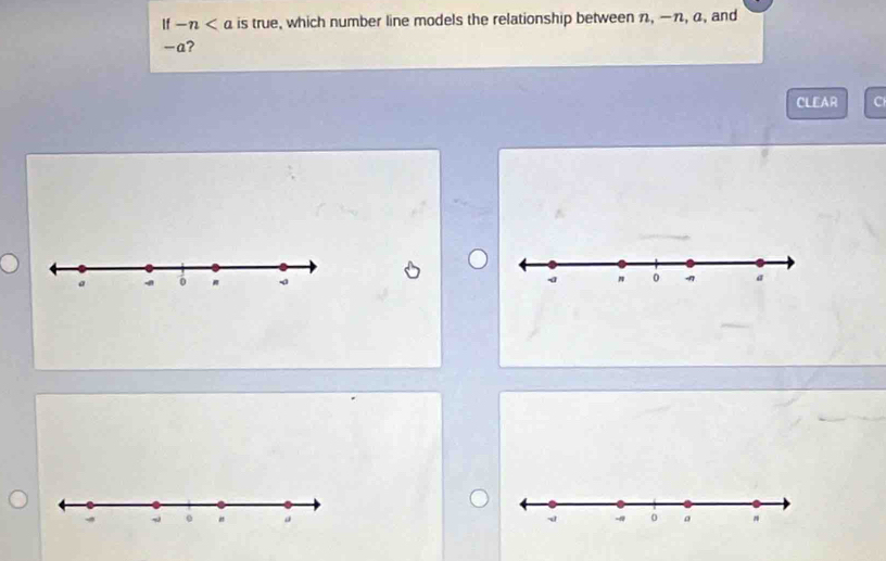 If -n is true, which number line models the relationship between π, -, α, and
-a? 
CLEAR C 
v - 0 。