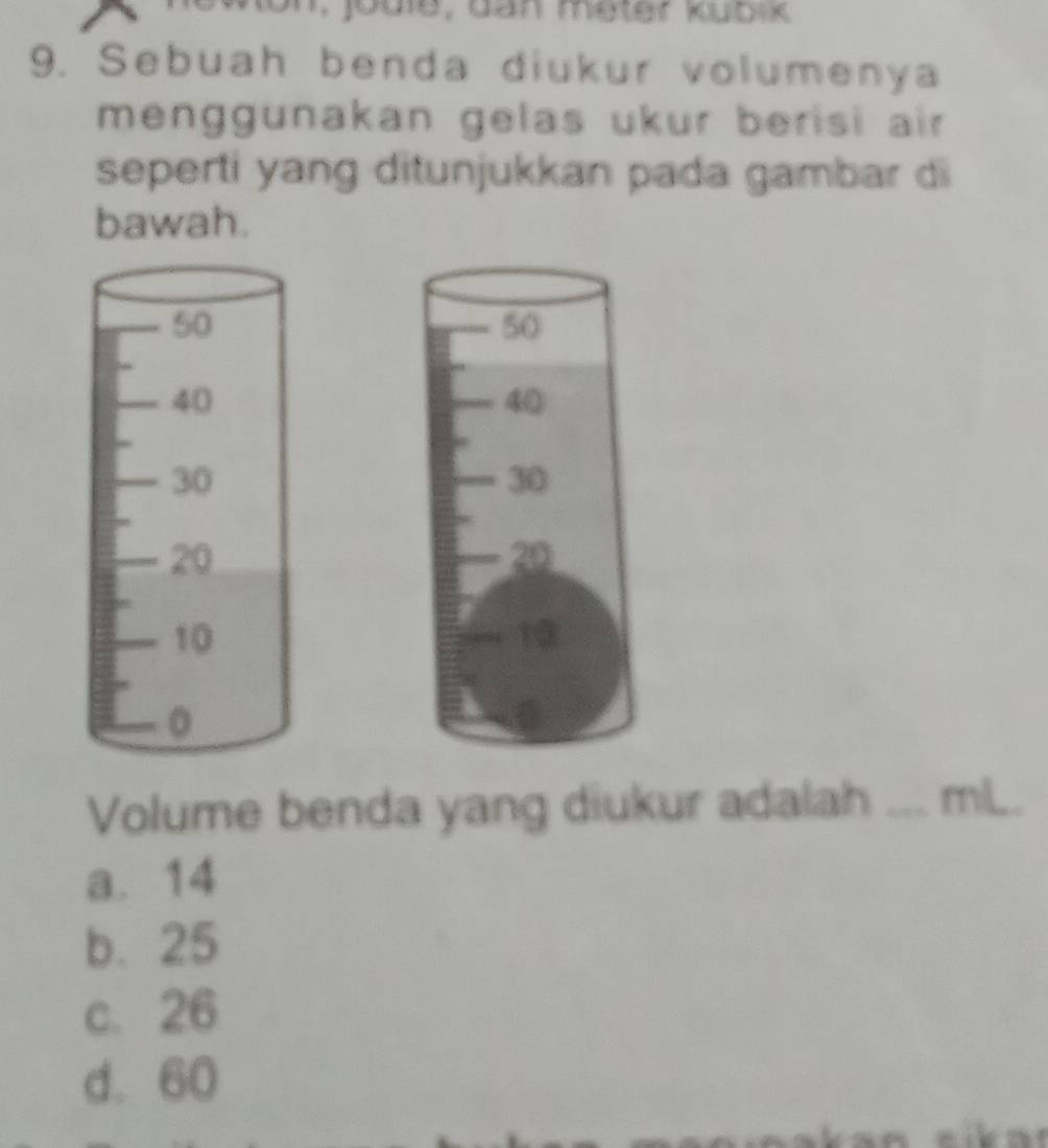 Sebuah benda diukur volumenya
menggunakan gelas ukur berisi air 
seperti yang ditunjukkan pada gambar di
bawah.
50
40
30
20
10
Volume benda yang diukur adalah _ mL.
a. 14
b. 25
c. 26
d. 60