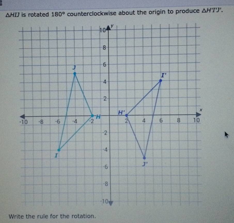 counterclockwise about the origin to produce △ H'T'J'.
Write the rule for the rotation.