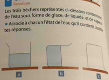 Raisonner 
Les trois béchers représentés ci-dessous contientes 
de l'eau sous forme de glace, de liquide, et de vapea 
* Associe à chacun l'état de l'eau qu'il contient Jut 
tes réponses. 
a