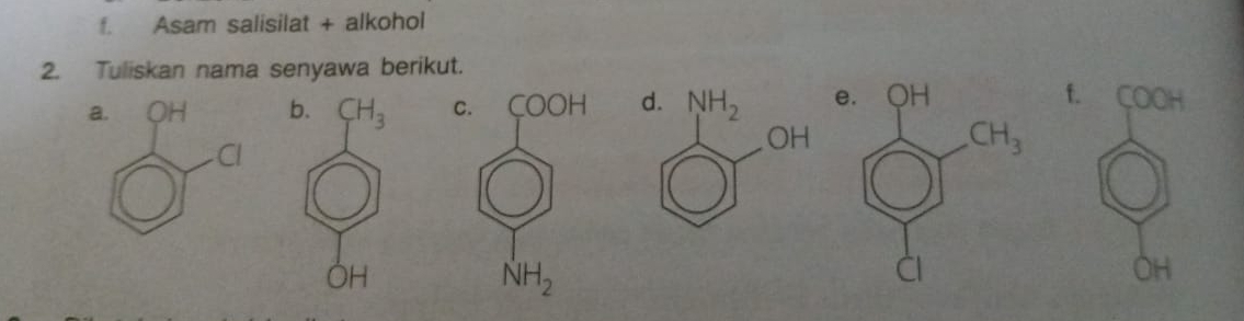 Asam salisilat + alkohol
2. Tuliskan nama senyawa berikut.
a. OH e.f. ÇOOH
Cl
OH