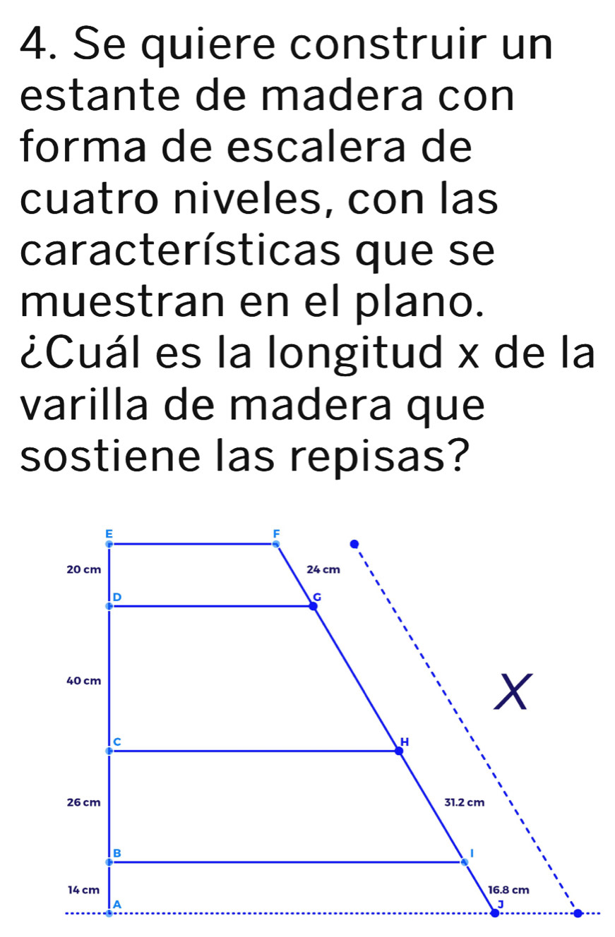 Se quiere construir un 
estante de madera con 
forma de escalera de 
cuatro niveles, con las 
características que se 
muestran en el plano. 
¿Cuál es la longitud x de la 
varilla de madera que 
sostiene las repisas?