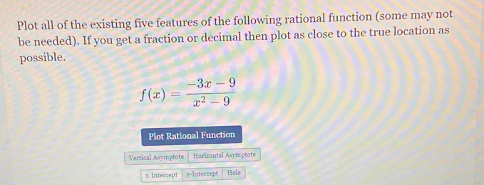 Plot all of the existing five features of the following rational function (some may not 
be needed). If you get a fraction or decimal then plot as close to the true location as 
possible.
f(x)= (-3x-9)/x^2-9 
Plot Rational Function 
Vertical Asymptote Horizontal Asymptote 
x-Intercept y-Intercept Hole