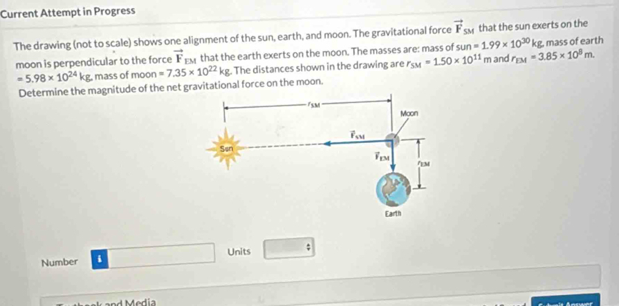 Current Attempt in Progress
The drawing (not to scale) shows one alignment of the sun, earth, and moon. The gravitational force vector F_SM that the sun exerts on the
moon is perpendicular to the force vector F E that the earth exerts on the moon. The masses are: mass of sun=1.99* 10^(30)kg and r_EM=3.85* 10^8m. g, mass of earth
=5.98* 10^(24)kg. mass of moon =7.35* 10^(22)kg. The distances shown in the drawing are r_SM=1.50* 10^(11)m
Determine the magnitude of the net gravitational force on the moon.
Number i Units ;