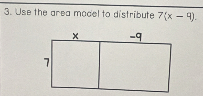 Use the area model to distribute 7(x-9).