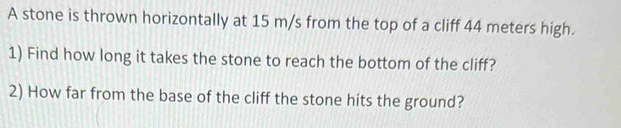 Solved: A stone is thrown horizontally at 15 m/s from the top of a ...