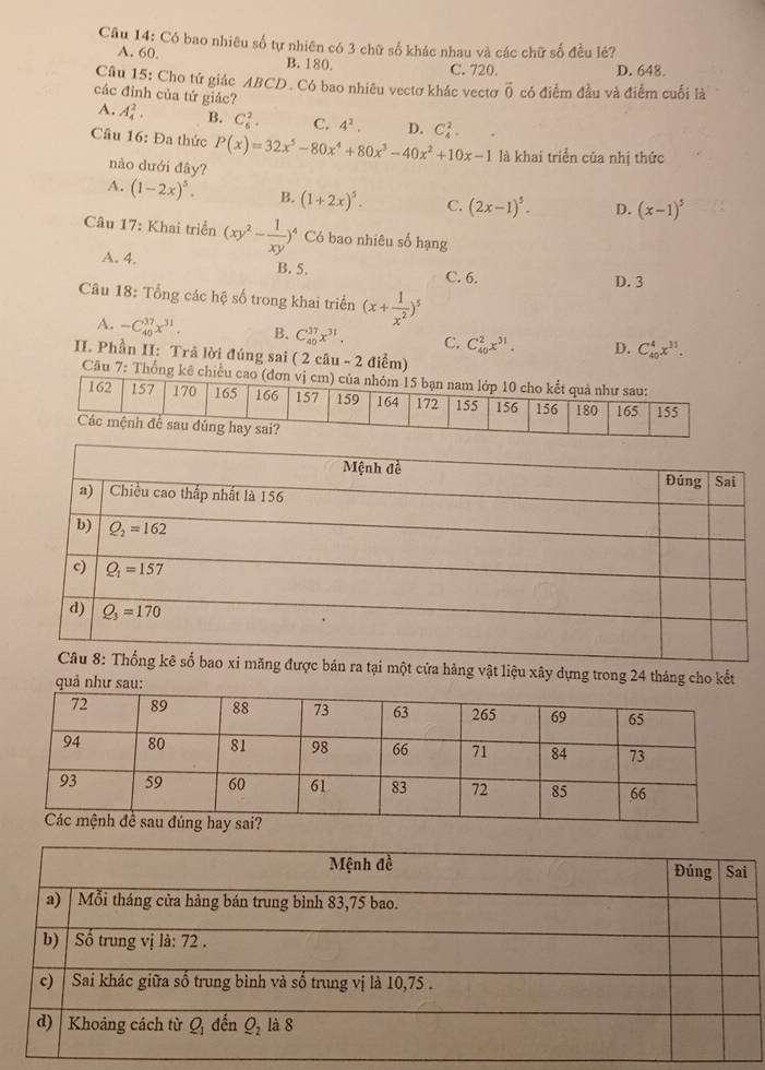 Có bao nhiêu số tự nhiên có 3 chữ số khác nhau và các chữ số đều lẻ?
A. 60. B. 180 C. 720. D. 648.
Câu 15: Cho tử giác ABCD. Có bao nhiêu vectơ khác vectơ vector 0 có điểm đầu và điểm cuối là
các đình của tứ giác? A_4^(2. B. C_6^2. C. 4^2). D. C_4^(2.
A.
Cầu 16: Đa thức P(x)=32x^5)-80x^4+80x^3-40x^2+10x-1 là khai triển của nhị thức
nào dưới đây?
A. (1-2x)^5. B. (1+2x)^5. C. (2x-1)^5. D. (x-1)^5
Câu 17: Khai triển (xy^2- 1/xy ) )* Có bao nhiêu số hạng
A. 4. B. 5. C. 6.
D. 3
Câu 18: Tổng các hệ số trong khai triển (x+ 1/x^2 )^5
A. -C_(40)^(37)x^(31). B. C_(40)^(37)x^(31). C. C_(40)^2x^(31). D. C_(40)^4x^(31).
II. Phần II: Trã lời đúng sai ( 2 câu - 2 điểm)
Cầu 7: Thốn
ra tại một cửa hàng vật liệu xây dựng trong 24 tháng cho kết
quả như sau: