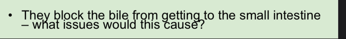 They block the bile from getting to the small intestine 
- what issues would this cause ?