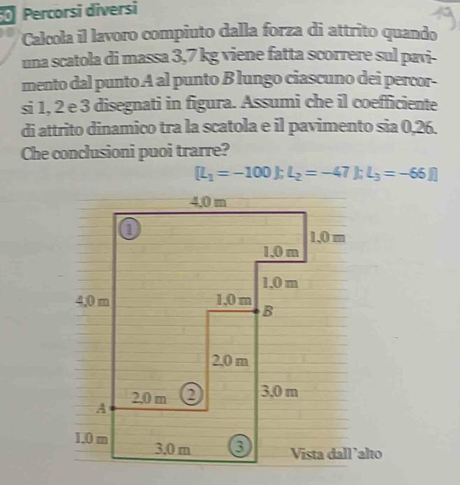 Percorsi diversi 
Calcola il lavoro compiuto dalla forza di attrito quando 
una scatola di massa 3,7 kg viene fatta scorrere sul pavi- 
mento dal punto A al punto B lungo ciascuno dei percor- 
si 1, 2 e 3 disegnati in figura. Assumi che il coefficiente 
di attrito dinamico tra la scatola e il pavimento sia 0,26. 
Che conclusioni puoi trarre?
[L_1=-100]; L_2=-47 □ L_3=-66fJ