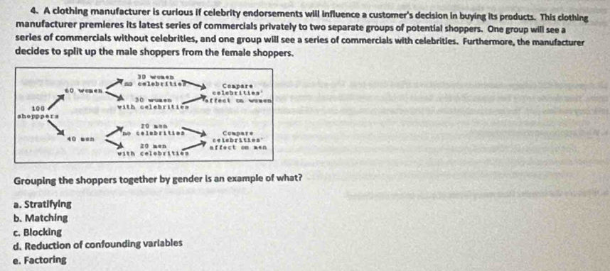 A clothing manufacturer is curious if celebrity endorsements will influence a customer's decision in buying its products. This clothing
manufacturer premieres its latest series of commercials privately to two separate groups of potential shoppers. One group will see a
series of commercials without celebrities, and one group will see a series of commercials with celebrities. Furthermore, the manufacturer
decides to split up the male shoppers from the female shoppers.
Grouping the shoppers together by gender is an example of what?
a. Stratifying
b. Matching
c. Blocking
d. Reduction of confounding variables
e. Factoring