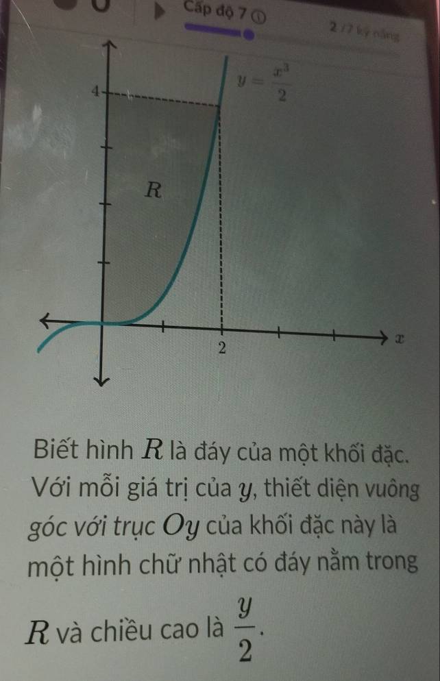 Cấp độ 7 ① 2
Biết hình R là đáy của một khối đặc.
Với mỗi giá trị của y, thiết diện vuông
góc với trục Oy của khối đặc này là
một hình chữ nhật có đáy nằm trong
R và chiều cao là  y/2 .