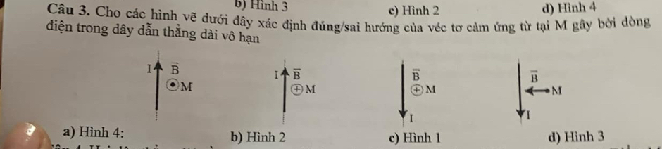 b) Hình 3 c) Hình 2 d) Hình 4
Câu 3. Cho các hình vẽ dưới đây xác định đúng/sai hướng của véc tơ cảm ứng từ tại M gây bởi dòng
điện trong dây dẫn thắng dài vô hạn
vector B
Ⅰ overline B
overline B
overline B
M
M ) M M
I
a) Hình 4: b) Hình 2 c) Hình 1 d) Hình 3