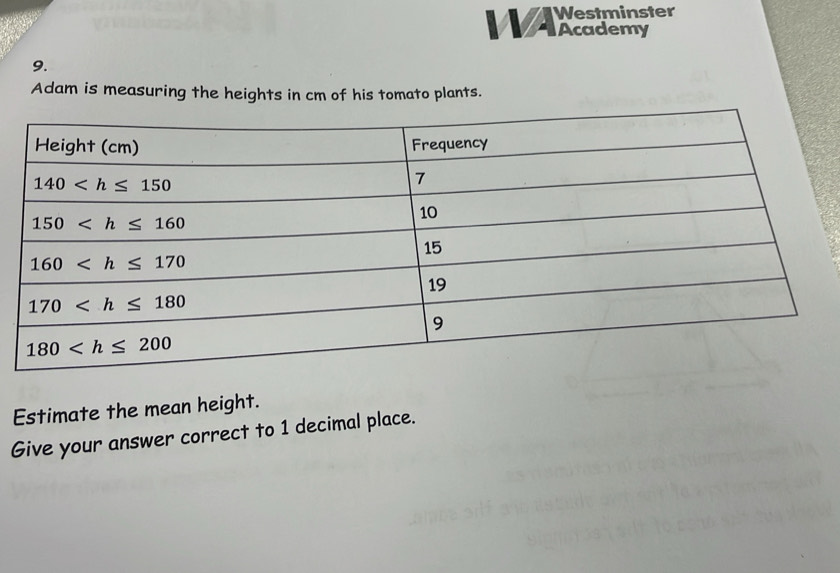 WAXatrine
9.
Adam is measuring the heights in cm of his tomato plants.
Estimate the mean height.
Give your answer correct to 1 decimal place.