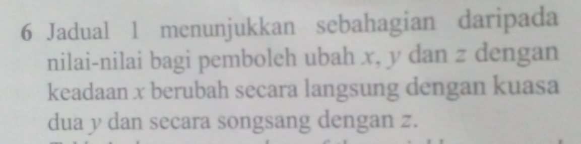 Jadual 1 menunjukkan sebahagian daripada 
nilai-nilai bagi pemboleh ubah x, y dan z dengan 
keadaan x berubah secara langsung dengan kuasa 
dua y dan secara songsang dengan z.