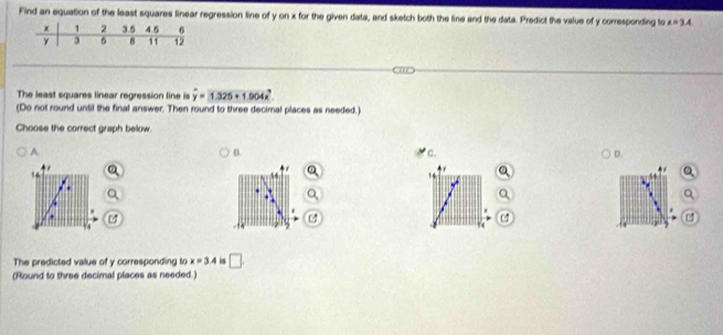 Find an equation of the least squares linear regression line of y on x for the given data, and sketch both the line and the data. Predict the value of y corresponding lo x=3.4
The least squares linear regression line is hat y=1.325+1.904x^2
(Do not round until the final answer. Then round to three decimal places as needed.)
Choose the correct graph below.
B.
A * c. D.
14
44
14
The predicted value of y corresponding to x=3.4 is □. 
(Round to three decimal places as needed.)