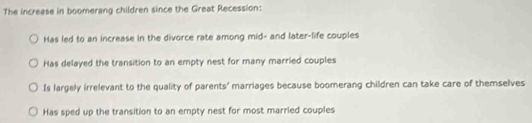 The increase in boomerang children since the Great Recession:
Has led to an increase in the divorce rate among mid- and later-life couples
Has delayed the transition to an empty nest for many married couples
Is largely irrelevant to the quality of parents' marriages because boomerang children can take care of themselves
Has sped up the transition to an empty nest for most married couples