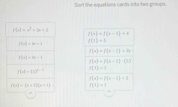 Sort the equations cards into two groups.