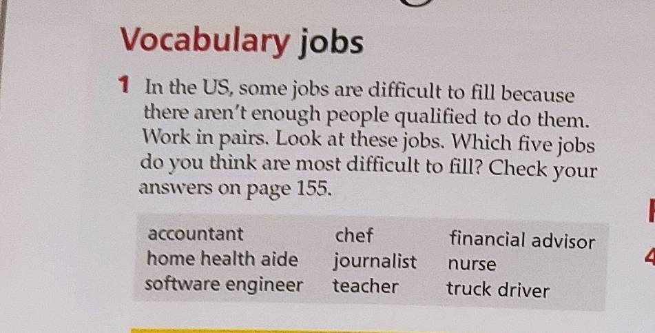 Vocabulary jobs
1 In the US, some jobs are difficult to fill because
there aren’t enough people qualified to do them.
Work in pairs. Look at these jobs. Which five jobs
do you think are most difficult to fill? Check your
answers on page 155.
accountant chef financial advisor
home health aide journalist nurse
software engineer teacher truck driver