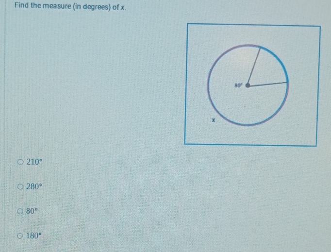 Find the measure (in degrees) of x.
210°
280°
80°
180°