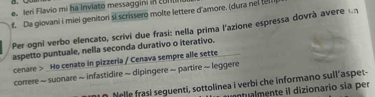 Ieri Flavio mi ha inviato messaggini in continu 
f. Da giovani i miei genitori si scrissero molte lettere d’amore. (dura nel te 
Per ogni verbo elencato, scrivi due frasi: nella prima l’azione espressa dovrà avere un 
aspetto puntuale, nella seconda durativo o iterativo. 
cenare > Ho cenato in pizzeria / Cenava sempre alle sette 
correre ~ suonare ~ infastidire ~ dipingere ~ partire ~ leggere 
n Nelle frasi seguenti, sottolinea i verbi che informano sull’aspet- 
antualmente il dizionario sia per