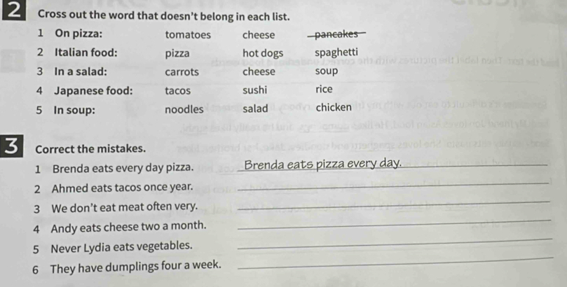 Cross out the word that doesn’t belong in each list. 
1 On pizza: tomatoes cheese I pancakes 
2 Italian food: pizza hot dogs spaghetti 
3 In a salad: carrots cheese soup 
4 Japanese food: tacos sushi rice 
5 In soup: noodles salad chicken 
3 Correct the mistakes. 
1 Brenda eats every day pizza. Brenda eats pizza every day._ 
2 Ahmed eats tacos once year. 
_ 
3 We don’t eat meat often very. 
_ 
4 Andy eats cheese two a month. 
_ 
5 Never Lydia eats vegetables. 
_ 
6 They have dumplings four a week. 
_